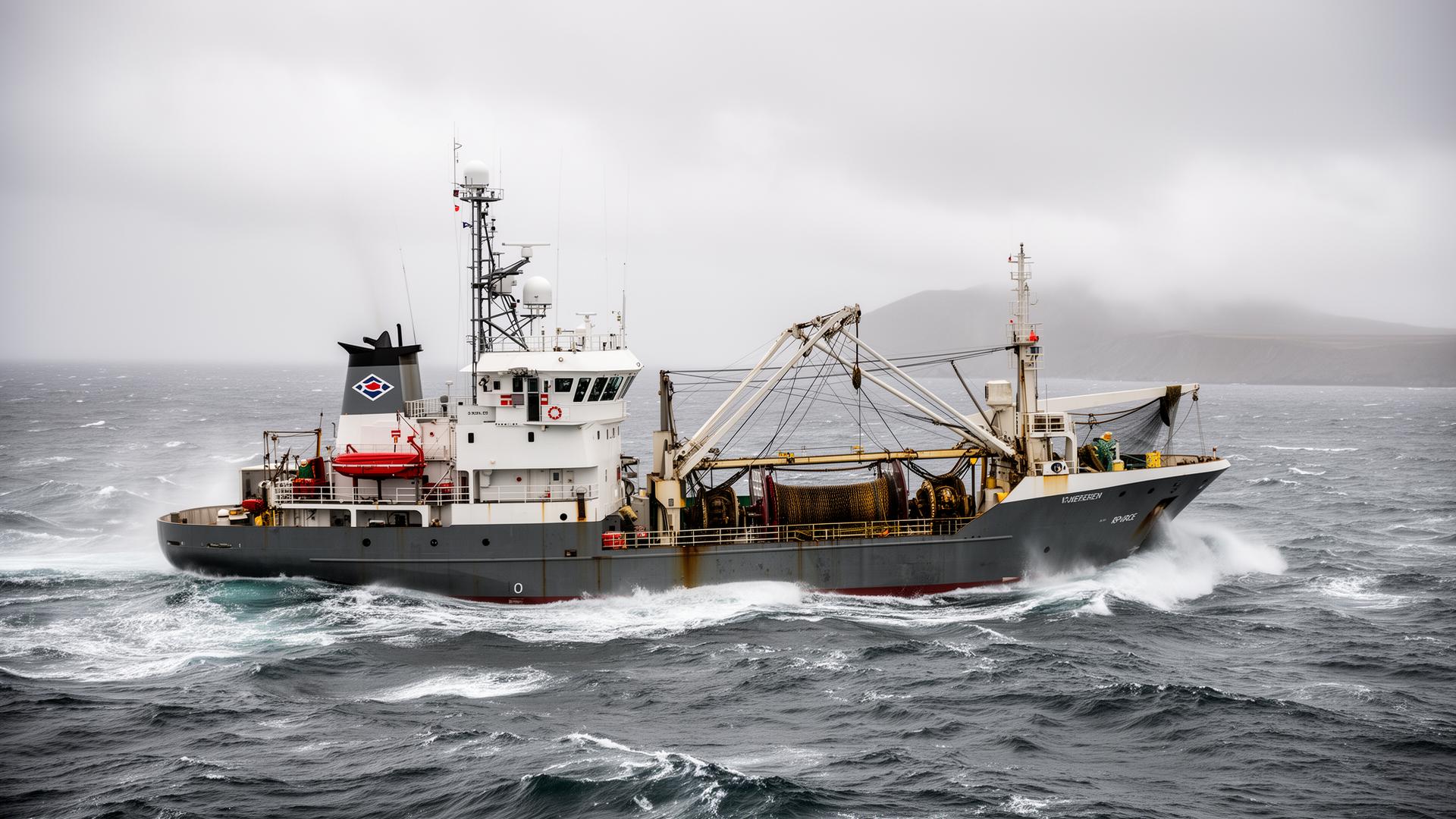 Fishing trawler cutting through North Atlantic waves