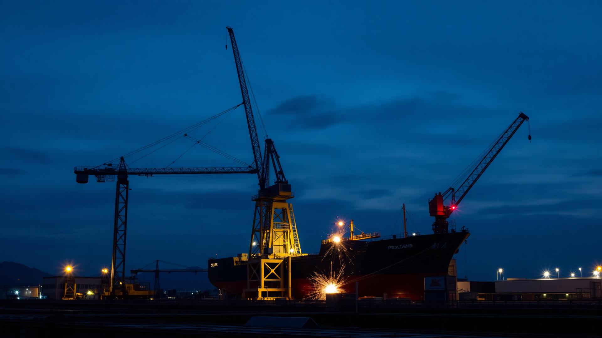 Norwegian shipyard at dusk with cranes over a newbuild vessel